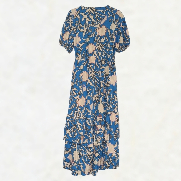 Knox Rose Midi Floral Wrap Dress Short Sleeves Tiered Ruffle Teal Cream sz Small - Picture 5 of 11